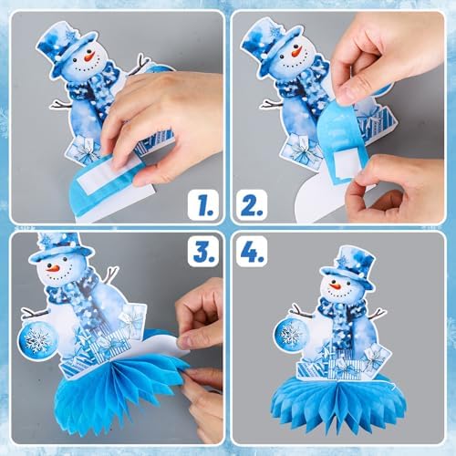 Whaline 10Pcs Winter Honeycomb Centerpieces Blue Watercolor Snowman Honeycomb Decor Winter 3D Table Decoration for Xmas Holiday Birthday Party Supplies - Image 3