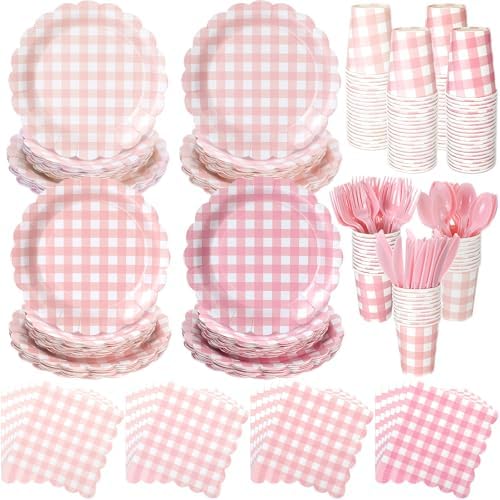 Yaomiao 168 Pcs Pink Gingham Party Supplies Princess Plates and Napkins by Yaomiao