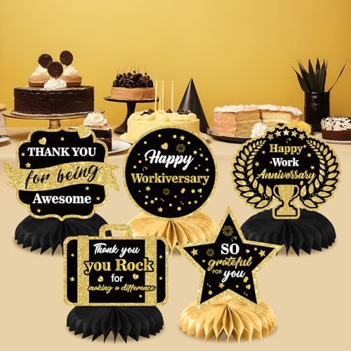 9Pcs Happy Work Anniversary Decorations Black Gold Happy Workiversary Table Honeycomb Centerpieces Office Anniversary Party Table Topper Decor for Employee Worker Anniversary Appreciation Supplies - Image 5