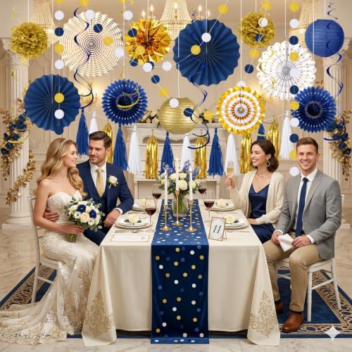 Meiduo 34 Pcs Blue Gold Party Decorations, Paper Fans Lanterns Pom Poms Set - Image 3