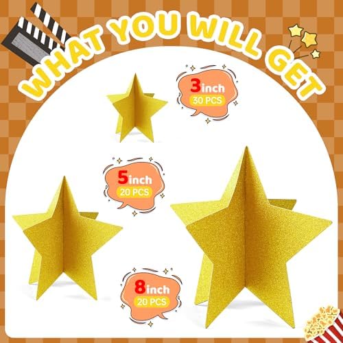 70 Pcs Star Centerpieces for Movie Night Party Decorations 3D 2025 Graduation Table Decor 3 Sizes 8" 5" 3" Red Carpet Film Show Theme Birthday Party Back to School Table Decor （Gold） - Image 2