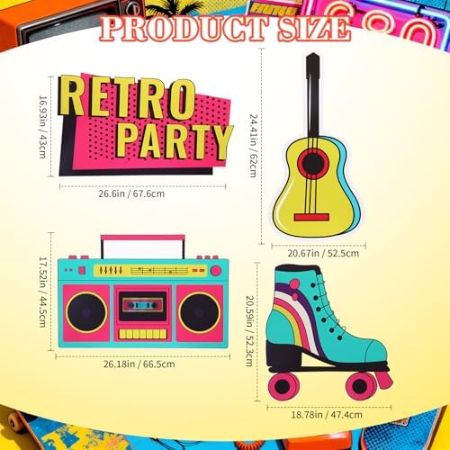Honoson 4 Pcs 24.4" x 26.6" Large Back to 80s 90s Party Decoration Cardboard Cutouts, Retro Radio Boombox Backdrop Yard Signs for Hip Hop Music Birthday Party Supplies Vintage Photo Booth Props - Image 2