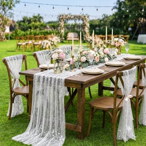 4Pcs White Silver Gauze Table Runner with Glitter Metallic Foil - Image 5