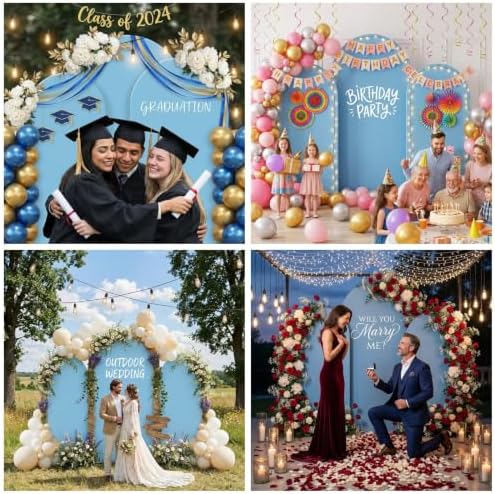 Set of 3 Wedding Arch Backdrop Stand,4+5+6 FT，Small Metal Arch Frame with 3 Blue Backdrop Covers,Easy Setup for Birthday Baby Shower Anniversary Dessert Table Decoration - Image 4