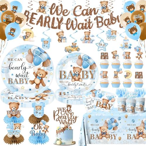 Blue Bear Baby Shower Decorations,219Pcs Baby Shower Tableware Set Banner, Plates and Napkins, Tablecloth, Cake Toppers, Honeycomb Balls for Boy Neutral Bear Themed Party Decorations Severs 24 by Unknown