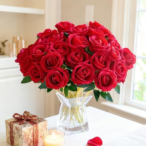 50 PCS Red Roses Artificial Flowers, Fake Roses with Stems Realistic Silk Roses for DIY Wedding Bouquets Tables Centerpieces Arrangements Baby Shower Birthday Home Decor Valentine's Day Gift for Her - Image 6