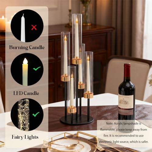 5-Arm Black Metal Table Candelabra Centerpiece, 22" Tall Clear Candlesticks Holder with Shade for Valentines Day Events Party Table Centerpiece,Fit LED Candles (4, Black+Gold, S-22in) - Image 6