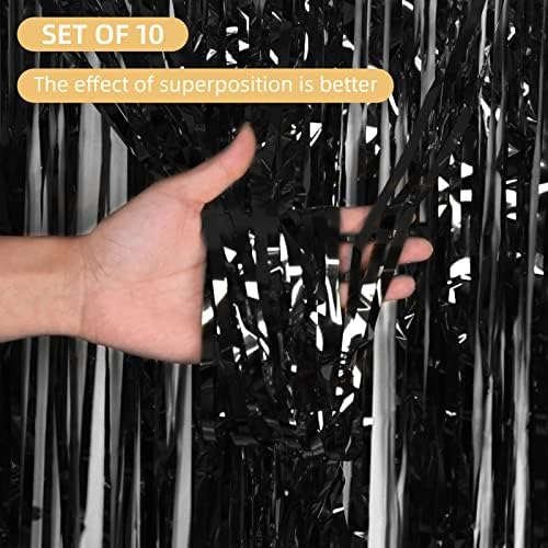 10 Pack Black Foil Curtain Backdrop 3.2ft x 9.8ft Metallic Tinsel Foil Fringe Curtains Streamer Photo Booth Backdrop for Birthday Party Engagement Bachelorette Party Decorations (Black) - Image 2