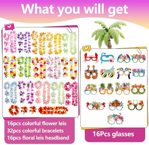 Atonofun 80 PCS Leis for Luau Party Decorations- Hawaiian Leis Bulk, Luau Party Glasses, Colorful Bracelets, Flower Headbands for Adults Tropical Birthday Summer Beach Luau Party Favors Supplies - Image 2