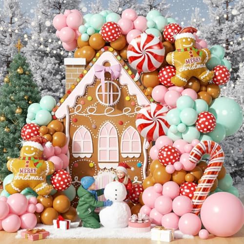 153Pcs Christmas Balloon Arch Garland Kit Xmas Pastel Pink Green Brown Latex Balloons Gingerbread Man Candy Cane Foil Balloons Arch Kit for Christmas New Year Party Birthday Party Decorations - Image 7
