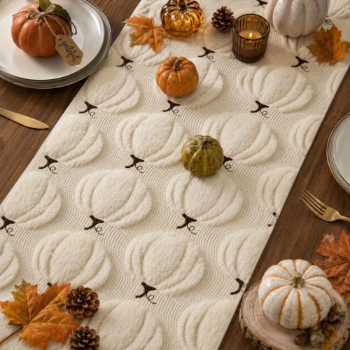 Fall Table Runner 13x72 Inch Soft Plush Faux Fur Jacquard Beige Pumpkin Table Runner, Seasonal Autumn Kitchen Dining Table Decoration for Home Party Decor ZR010A72 - Image 4