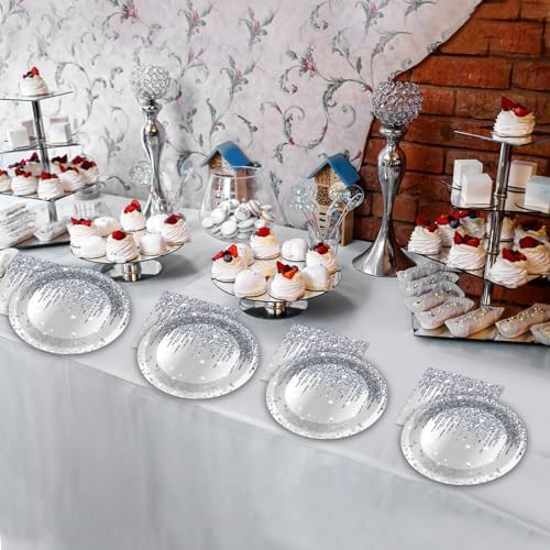 50 Pcs Silver Glitter Disposable Party Plates and Napkins Glitter Diamonds Happy Birthday Party Supplies for 25 Guests Table Decorations for Wedding Silver Birthday Decorations Paper Plates Napkins - Image 6