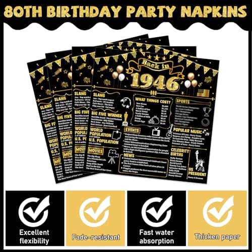 96Pcs 80th Birthday Plates and Napkins Back in 1946 Party Decorations Black Gold 80 Year Old Party Dessert Plates 1946 Birthday Tableware for 24 Guests 80th Theme Men Woman Bday Parties Supplies - Image 4
