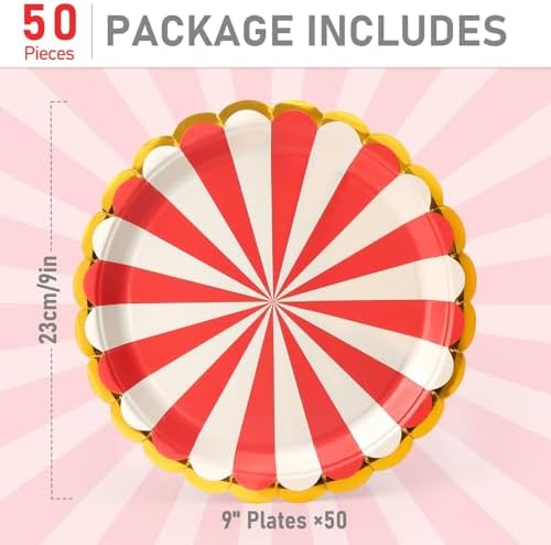 50 Pcs Red Party Paper Plates with Gold Scalloped Edge, Red Disposable 9 inch Scalloped Paper Dessert Plates Party Supplies for Birthday Bridal Shower Picnic, Striped - Image 2