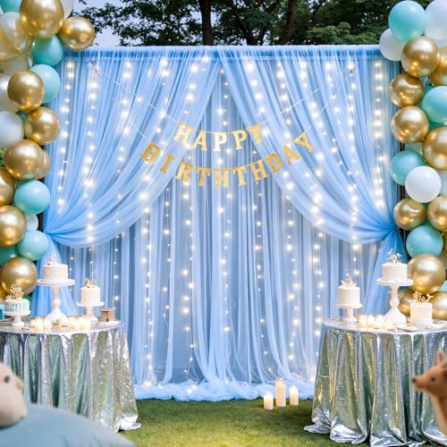 Baby Blue Sheer Tulle Backdrop Curtains with Lights String for Parties Baby Shower Decorations for Boy Bridal Shower Birthday Party Photo Shoot Background Wall Decorations 10×8ft(2 Panels 5×8ft) - Image 3