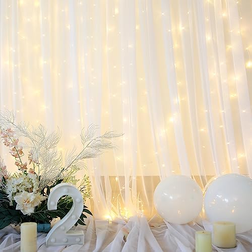 Sheer Backdrop Curtain with Lights String for Parites 20×10ft White Tulle Backdrop Curtain for Wedding Baby Shower Birthday Party Photo Shoot Decorations(4 Panels 5ft×10ft) - Image 5