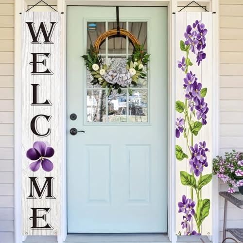 BlissYard Spring Summer Banner 70x12 Inch Vertical Spring Summer Door Banners Door Decorations Hanging Purple Floral Welcome Porch Signs Outdoor Summer Decorations for Seasonal Outdoor Decoration - Image 5