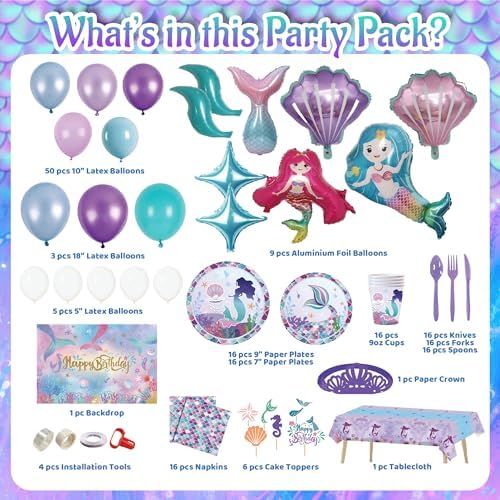 193 pcs Mermaid Birthday Decorations For Girl, Mermaid Party Decorations Supplies Kit, 16 Tableware Sets, Balloon Arch,Disposable Paper Plates - Image 2