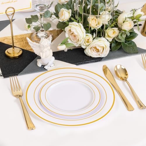 NOCCUR 200PCS Gold Plastic Plates - 100 Dinner / 100 Dessert Disposable Plates Heavy Duty - Ideal for Wedding/Party/Fall/Thanksgiving - Image 3