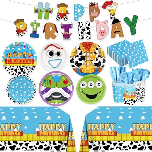 171pcs Toy Birthday Party Supplies Include Paper Plates Napkins Cups Banner by JINHPANDERPARTY