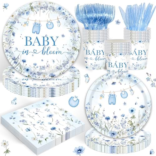 120PCS Boy Baby Shower Party Supplies Baby in Bloom Party Decorations Spring Wild Flower Pregnancy Announcement Tableware Set Dessert Plates Napkins Cups Set for 20 Guests by REJOICEBUNNY