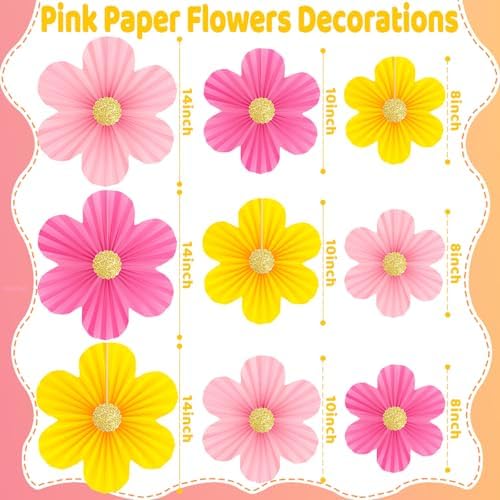 Pink and Yellow Party Decorations 9PCS Paper Flowers Decorations for Wall - Image 2