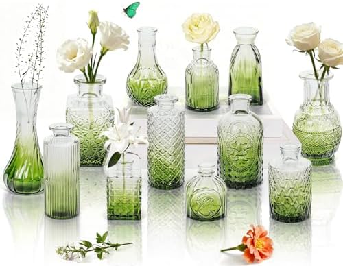 Clear Gradient Green Glass Bud Vase Set of 12 Pcs,Small Bud Vases in Bulk,Glass Crystal Flower Vases Table Centerpieces for Party Event Wedding Decor Baby Shower Decorations (Gradient Green, 12 Pcs) by JXINDUJU