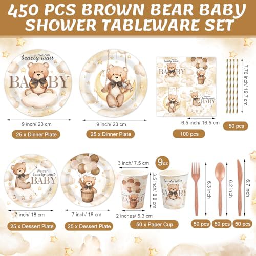 450 Pcs Bear Baby Shower Tableware Set, Serve 50, Brown - Image 2