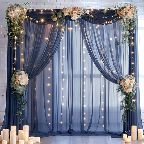 30×10ft Navy Blue Tulle Backdrop Curtain with Lights String for Parties, Sheer Photo Backdrop Curtains for Wedding Party Photography Background - Image 6