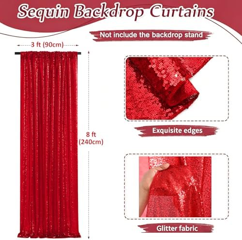 Red Sequin Backdrop Curtains-1 Panel 3FTx8FT Red Backdrop for Wedding, Glitter Party Decorations Background Drapes for Birthday Party Anniversary Graduation Photo Booth Decor - Image 3