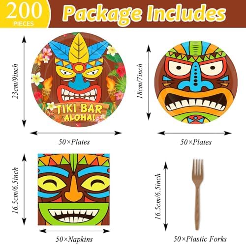 CHUNNIN 200 PCS Summer Tiki Party Plates Napkins Hawaiian Aloha Tableware Set Tropical Luau Themed Decoration Dessert Plates Forks Serve 50 Guests for Beach Picnic Pool Birthday Party Favor Supplies - Image 2