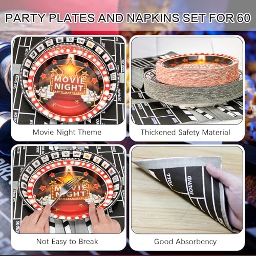 180Pcs Movie Night Party Supplies Paper Plates and Napkins Serve 60 - Image 3