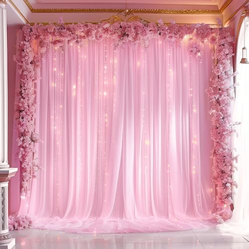 10ft x 10ft Pink Backdrop Curtain with Lights String for Parties, Sheer Tulle Wedding Photo Backdrops Drapes for Baby Shower Birthday Party Decorations Background for Photography by Shillance