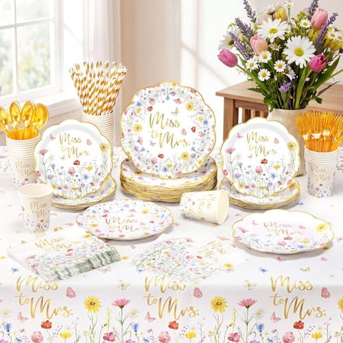 Funnymoom 452 Pcs Wildflower Bridal Shower Party Decorations for 50, Miss to Mrs Bridal Shower Paper Plates Napkins Cups Tablecloth Cutlery Straws for Love in Bloom Wedding Bachelorette Party Supplies - Image 4