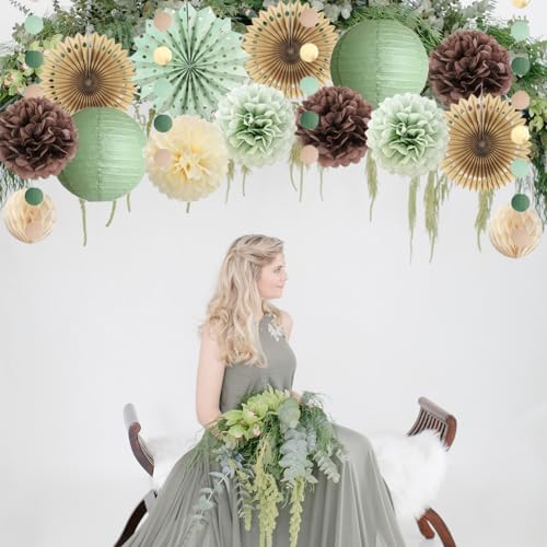 Sage Green and Brown Party Decorations Baby Shower Decorations Sage Green Beige Brown Tissue Paper Pom Poms Lanterns for Sage Green and Brown Birthday Bridal Shower Wedding Room Decor - Image 2
