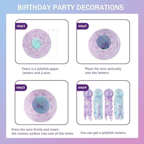 Mermaid Birthday Decorations For Women,Colorful Jellyfish Lanterns,Happy Birthday Backdrop,Banner Balloons,Table Cloth,Paper pom poms Party Supplies for Girls - Image 7