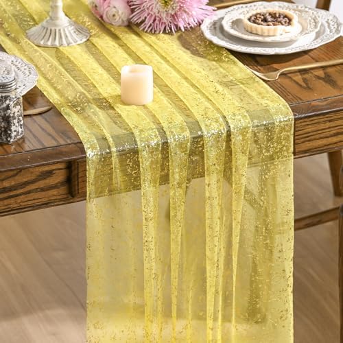 Artoid Mode 3PCS Light Yellow Gold Gauze Table Runner 120 Inch 10FT, Glitter Metallic Foil Sheer Dining Wedding Anniversary Holiday Birthday Table Decor for Home Party by ArtoidMode