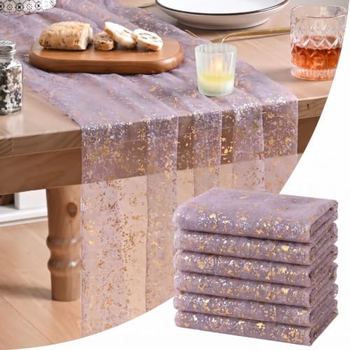 Artoid Mode 6Pcs Grayish Purple Gauze Gold Table Runner 10FT, Glitter Metallic Foil Sheer Dining Wedding Anniversary Holiday Table Decor for Home Party by ArtoidMode