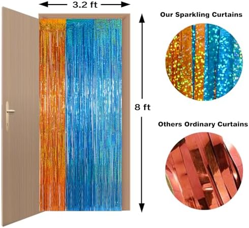 Blue and Orange Fringe Curtain Backdrop 3 Pack, 3.2 x 8.2 FT Decorations - Image 2
