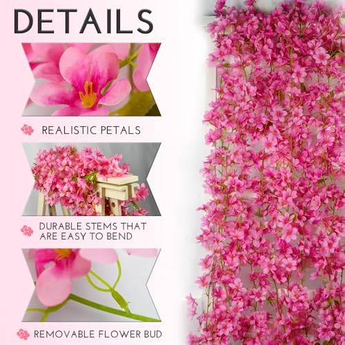 YRIOWMI 10PCS 59FT Artificial Silk Cherry Blossom Garland, Hanging Sakura Flower Vines for Wedding Party Home Arch Office Sakura Decor (Deep Pink) - Image 3