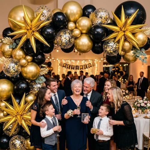 137Pcs Black and Gold Balloons Garland Arch Kit with Stars - 5 10 12 18 inch Black Gold Confetti Latex Party Balloons for 2026 New Year Graduation Retirement Decorations Birthday - Image 6