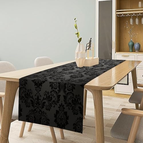 Black Damask Table Runner, Vintage Gothic Floral Exotic Bohemian Antique Victorian Baroque Dinner Runner for Farmhouse Party Holiday Home Kitchen Dining Table Decor 13"x60" - Image 2