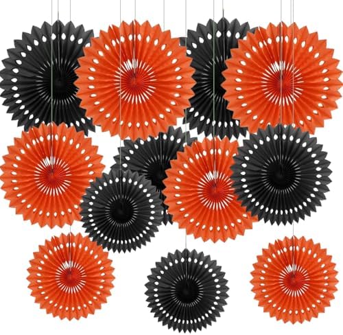 CC wonderland zone 12PCS Black and Orange Paper Fans Party Decorations,Hanging Ceiling Honeycomb Round Tissue Paper Fans for Halloween Party Decorations by CC+wonderland+zone