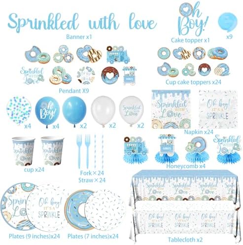 Baby Sprinkle Decorations for Boy,Blue Sprinkled with Love Party Plate,Napkin,Cup,Cake Topper Donut Baby Shower Decorations for Baby Boy Sprinkle Party Supplies Serves 24 - Image 5