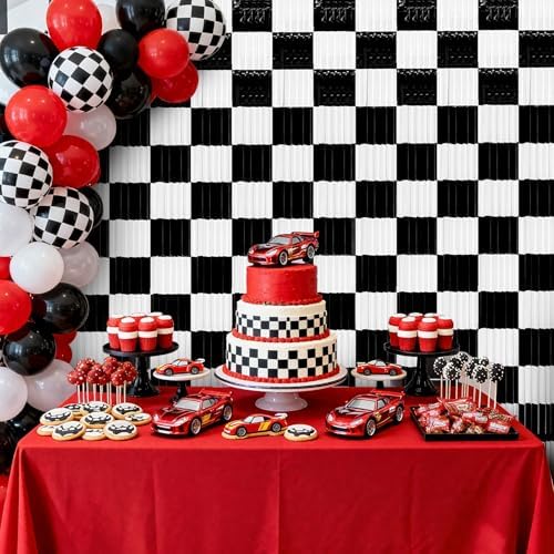 2 Packs Race Car Foil Fringe Curtain, Black White Checkered Glitter Metallic Tinsel Backdrop for Birthday, Baby Shower, Racing Car Truck One Happy Dude Party Decorations Supplies - Image 4