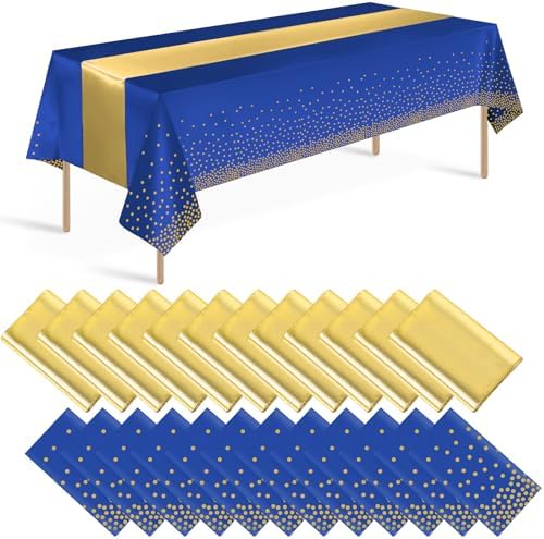 24 Pack Blue and Gold Tablecloth and Table Runner Party Decorations, Royal Blue and Gold Plastic Disposable Tablecloth and Satin Table Runner for Wedding Birthday Bridal Graduation Anniversary Party by Zachely