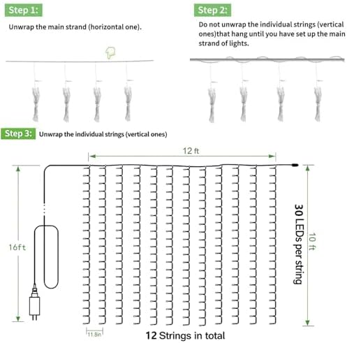 Solhice LED Curtain Lights Outdoor 12ft x10ft, 360 LED Plug in Hanging String Lights Indoor Bedroom, Twinkle Light Backdrop for Outside Wedding Decor, Warm White (Not Connectable) - Image 6