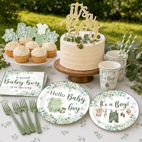 Baby Boy Shower Decorations,267pcs Baby Shower Decorations Green Plates and Napkins Cups Banner Backdrop Tablecloth Cake Topper Balloon for Sweet Baby Boy Baby Shower Decorations - Image 4