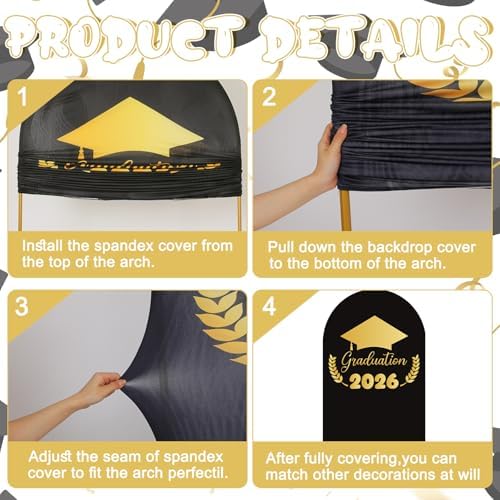 VitalCozy Black Graduation Decoration 7.2ft Class of 2026 Backdrop Arch Cover Grad Spandex Stretchy Backdrop for Graduation 2026 High School Senior Night Party Decorations Photoshoot - Image 5