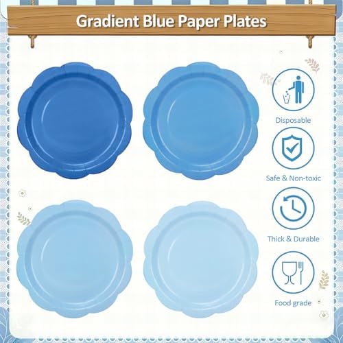 96Pcs Blue Plates and Napkins Party Supplies,Gradient Blue 9inch Plate and Napkin Tableware Set for Baby Shower Wedding Birthday Decorations Serves 48 Guests - Image 5